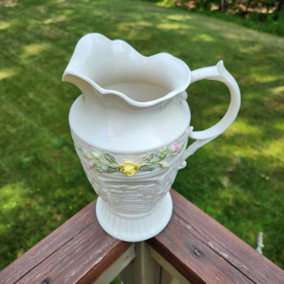 Belleek Powerscourt Pitcher Applied Floral Decorated Panels Heritage Collection - Picture 4 of 13